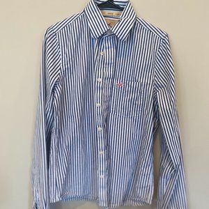 Hollister Blue and White Striped Medium Button Down Collared Shirt
